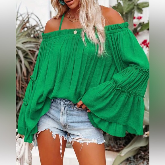 Boho Off Shoulder Flare Long Sleeve Top Blouse Shirt Black - Picture 9 of 16